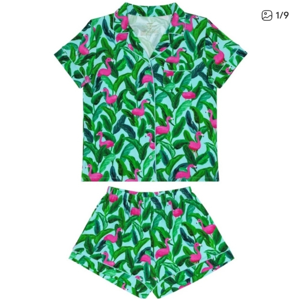 Sleepy Jones Green and Pink Flamingo Kids Pajama Set